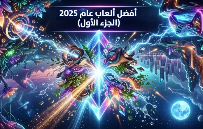 صورة بانر عريض يعرض مشهداً بصرياً سينمائياً لألعاب فيديو حديثة لعام 2025 مع عنوان عربي في الأعلى يشير إلى أفضل الألعاب من حيث الرسوميات.