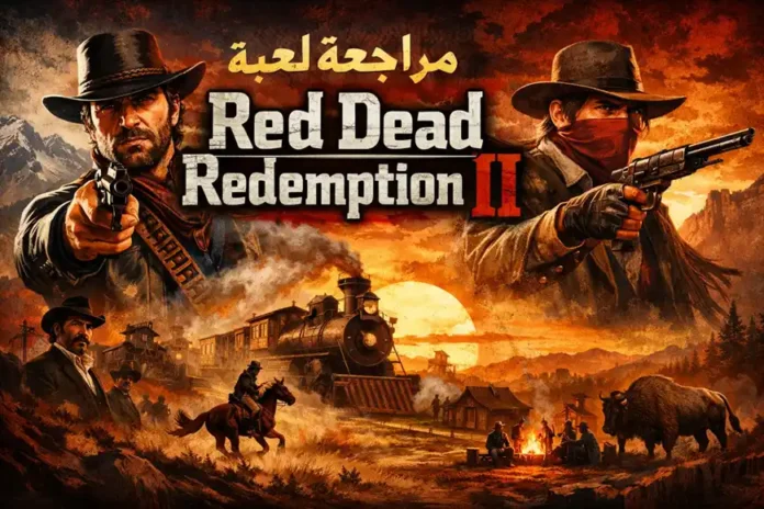 مراجعة لعبة Red Dead Redemption 2 – صورة فنية بأسلوب الغرب الأمريكي تظهر شخصيات اللعبة في مشهد غروب درامي