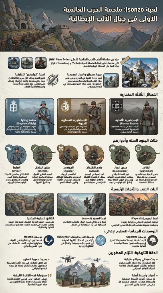 إنفوغرافيك يقدّم نظرة شاملة على لعبة Isonzo، يتضمن الفصائل المتحاربة، فئات الجنود، أنماط اللعب، والبيئات الجبلية المستوحاة من الحرب العالمية الأولى على الجبهة الإيطالية.