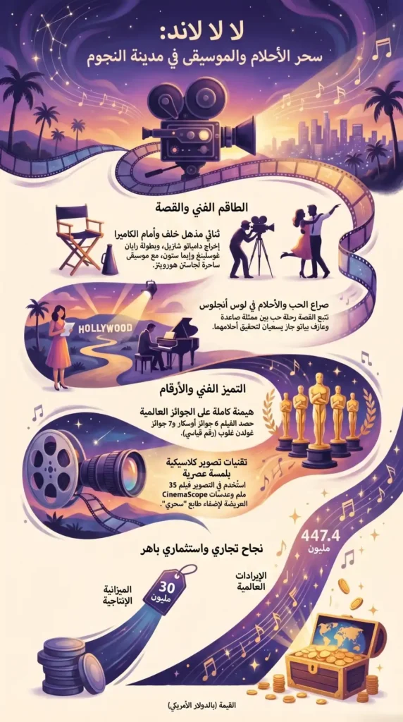 إنفوجرافيك فني عن فيلم «لا لا لاند» يبرز تفاصيل الإنتاج والجوائز والعناصر السينمائية والموسيقية في لوس أنجلوس.