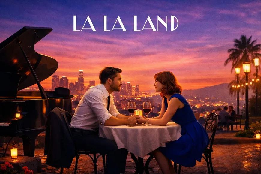 مشهد رومانسي من فيلم «La La Land» يظهر ميا وسباستيان جالسين على شرفة مطلّة على مدينة لوس أنجلوس عند الغروب مع بيانو وإضاءة دافئة.