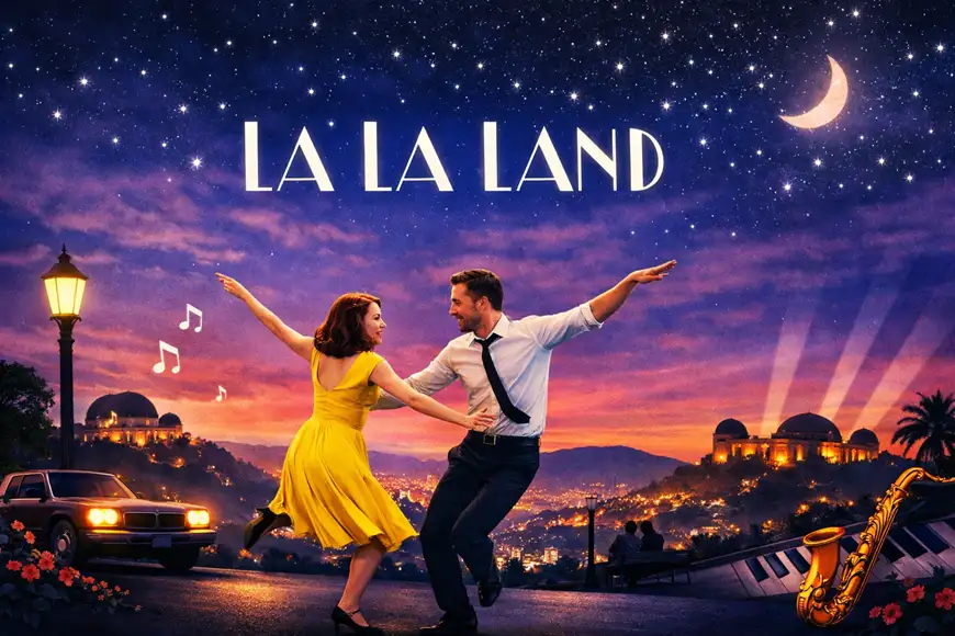 مشهد رومانسي من فيلم «La La Land» يظهر ميا وسباستيان يرقصان عند الغروب فوق مدينة لوس أنجلوس مع عنوان الفيلم في الأعلى.