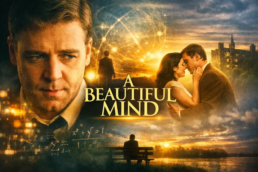 ملصق سينمائي لفيلم A Beautiful Mind يظهر جون ناش وسط أجواء رياضية وعاطفية مع معادلات رياضية وخلفية تعكس صراعه مع المرض العقلي.