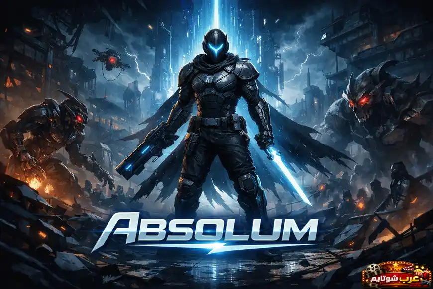 ملصق لعبة Absolum يعرض محاربًا مدرعًا في عالم مدمر يقف وسط معركة ضد مخلوقات آلية وظلية.