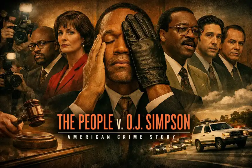 مشهد من مسلسل The People v. O. J. Simpson يُظهر أجواء المحاكمة الشهيرة والصراع القانوني والإعلامي حول القضية.