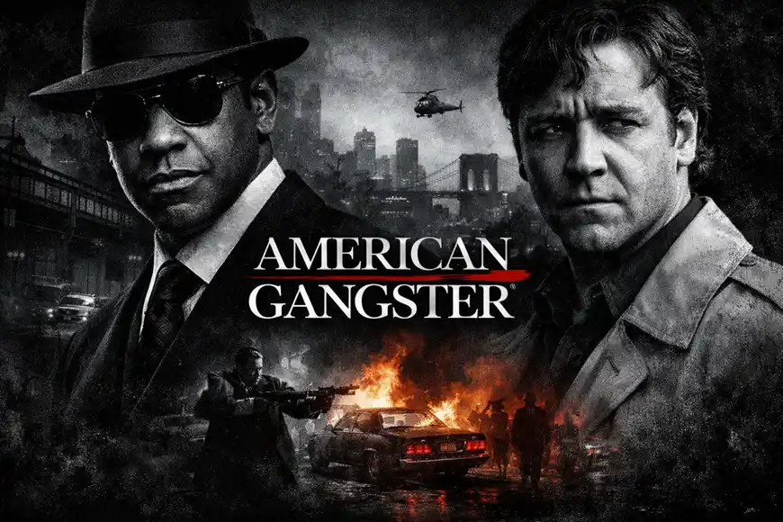 صورة من فيلم American Gangster تُظهر الشخصيات الرئيسية في أجواء جريمة حضرية مع خلفية لمدينة نيويورك.