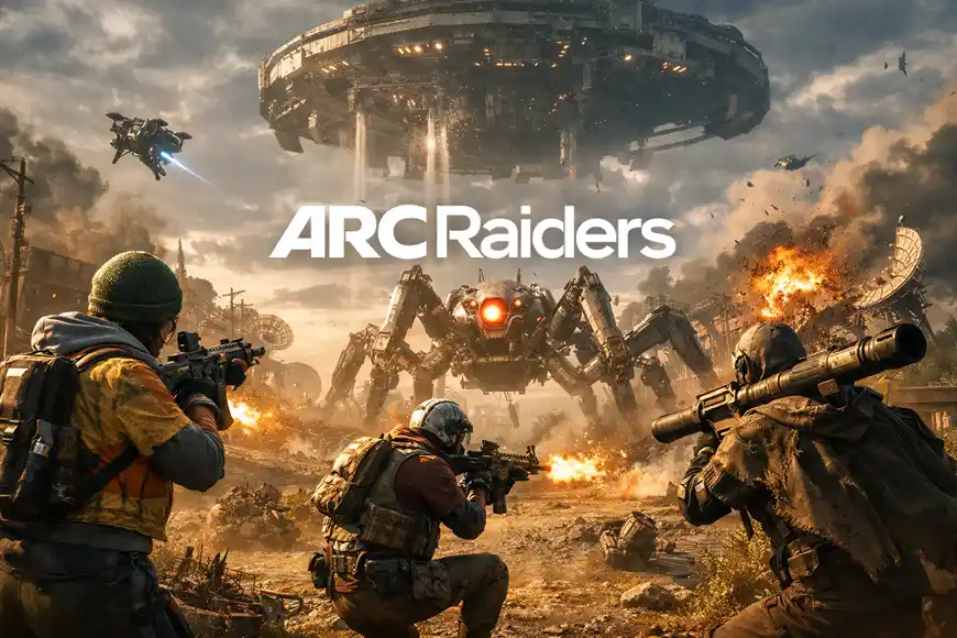 معركة مستقبلية من لعبة ARC Raiders يظهر فيها جنود يقاتلون آلة عملاقة وسط بيئة مدمّرة.