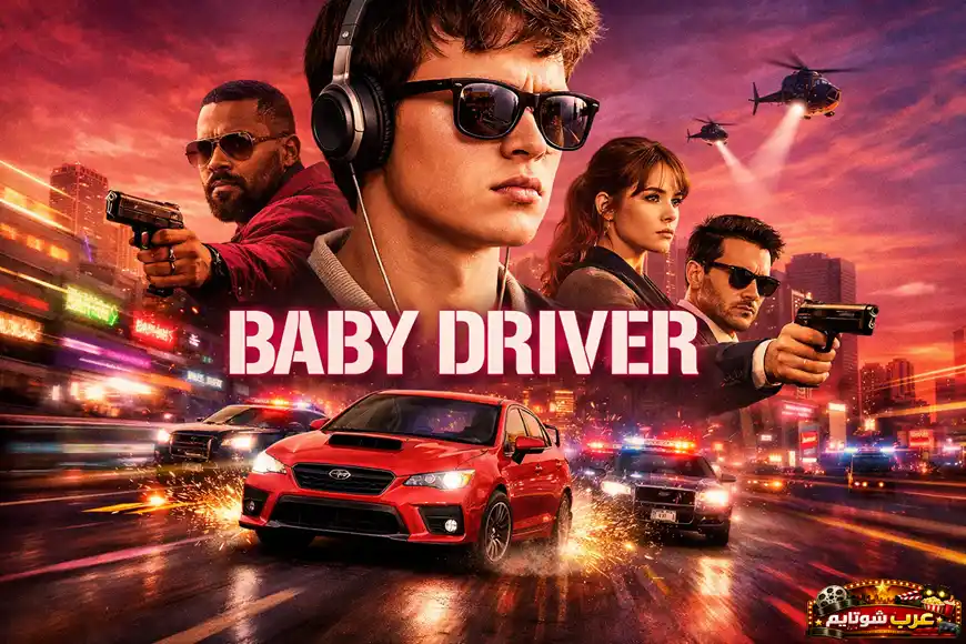 ملصق سينمائي لفيلم Baby Driver يظهر السائق الشاب مع شخصيات رئيسية وسيارة حمراء تنطلق بسرعة وسط أضواء المدينة.
