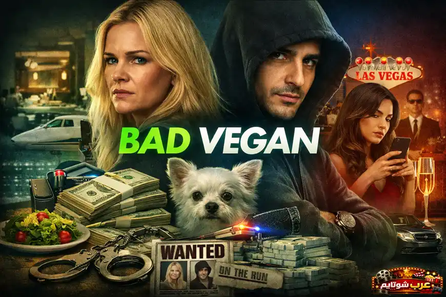 ملصق ترويجي لمسلسل «Bad Vegan» يُظهر الشخصيات الرئيسية وسط أجواء من الخداع، المال، والمطاردة، مع عناصر توحي بالفضيحة والجرائم المالية.