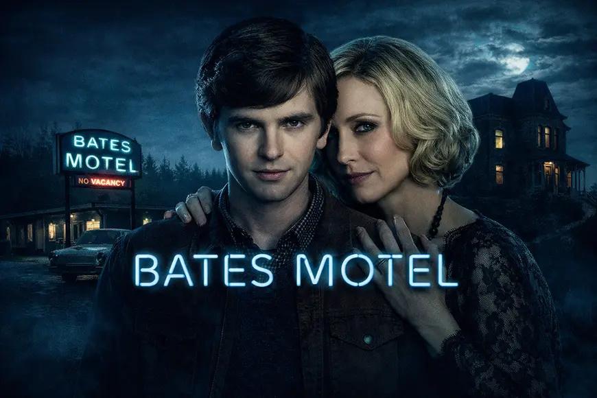 صورة من مسلسل Bates Motel تُظهر أجواء الغموض والتوتر النفسي في محيط الفندق والبيت القديم.