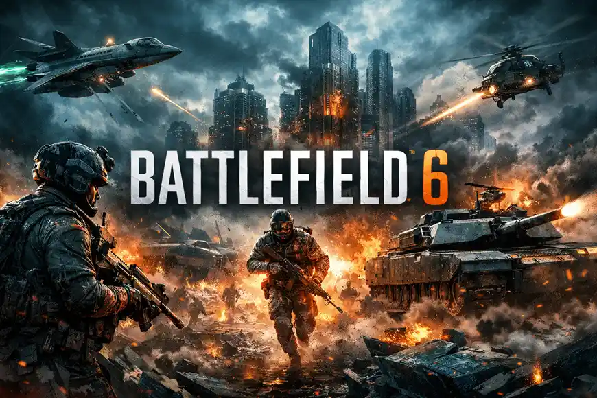 "مشهد قتالي من لعبة Battlefield 6 يظهر فيه جندي يركض وسط دمار حضري مع دبابات ومروحيات وانفجارات في الخلفية."
