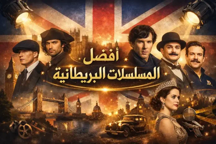 ملصق أفقي يضم شخصيات من أشهر المسلسلات البريطانية أمام خلفية تحمل علم المملكة المتحدة ومعالم لندن مثل ساعة بيغ بن وجسر البرج، مع عبارة «أفضل المسلسلات البريطانية» مكتوبة بخط عربي ذهبي أنيق في الأعلى.