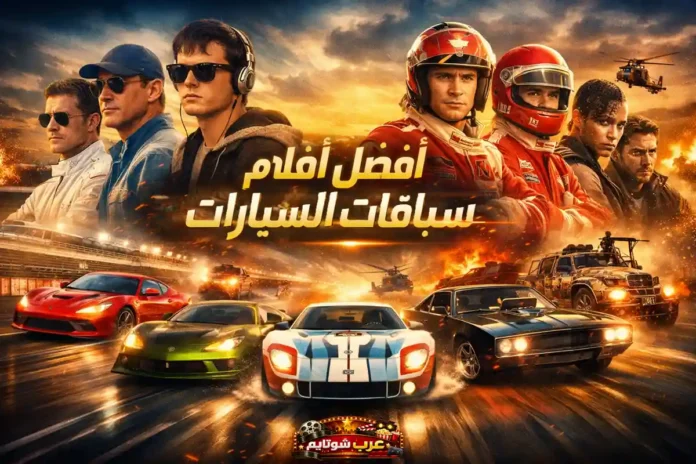 صورة سينمائية تجمع شخصيات وسيارات من أشهر أفلام سباقات السيارات مع عنوان «أفضل أفلام سباقات السيارات» في المنتصف.