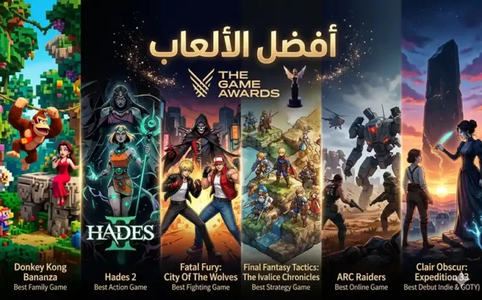 ملصق أفقي يضم أفضل الألعاب الفائزة في جوائز الألعاب لعام 2025، ويعرض مشاهد من ألعاب متنوعة مثل Donkey Kong Bananza، Hades 2، Fatal Fury: City Of The Wolves، Final Fantasy Tactics: The Ivalice Chronicles، ARC Raiders، و Clair Obscur: Expedition 33، مع عنوان عربي في الأعلى يشير إلى أفضل الألعاب.