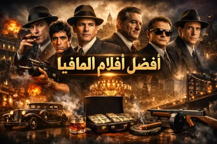 Alt Text: أفضل أفلام المافيا مكتوبة بخط ذهبي وسط صورة سينمائية تضم وجوه أشهر نجوم أفلام الجريمة مثل آل باتشينو وروبرت دي نيرو في خلفية داكنة مليئة بالدخان والأنوار.