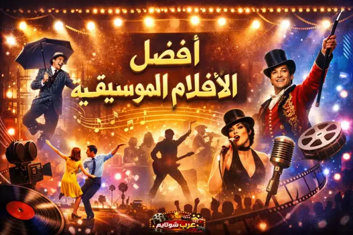 ملصق ملوّن يعرض مشاهد من أشهر الأفلام الموسيقية في تاريخ السينما مع النص العربي 