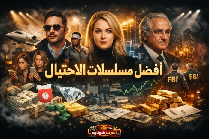 ملصق ترويجي لأفضل المسلسلات المستوحاة من قضايا الاحتيال الواقعية، يظهر فيه شخصيات من أعمال شهيرة وسط أجواء من المال والذهب والمدينة الليلية.