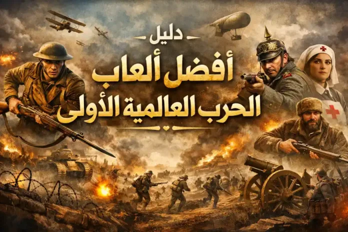 مشهد درامي من الحرب العالمية الأولى يُظهر جنودًا من دول مختلفة في ساحة معركة مليئة بالدخان والانفجارات، مع طائرات ثنائية السطح ودبابة قديمة في الخلفية، وممرضة تحمل شارة الصليب الأحمر تقف خلفهم. في أعلى الصورة يظهر النص العربي «دليل أفضل ألعاب الحرب العالمية الأولى» بخط ذهبي بارز، كصورة شاخصة لمقالة تستعرض أبرز ألعاب هذه الحقبة التاريخية.
