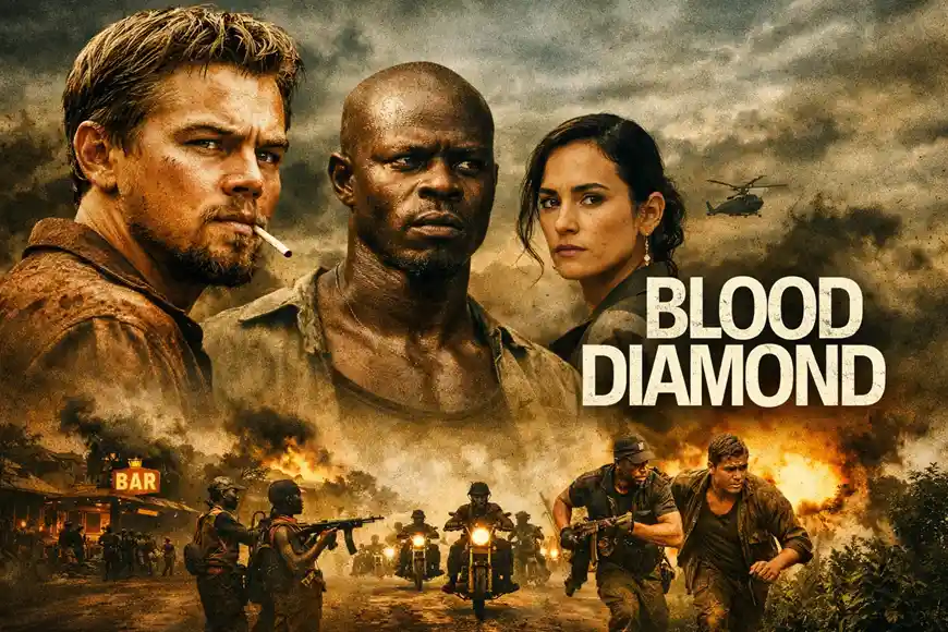 صورة من فيلم Blood Diamond تُظهر الشخصيات الرئيسية وسط أجواء حرب أهلية في سيراليون.