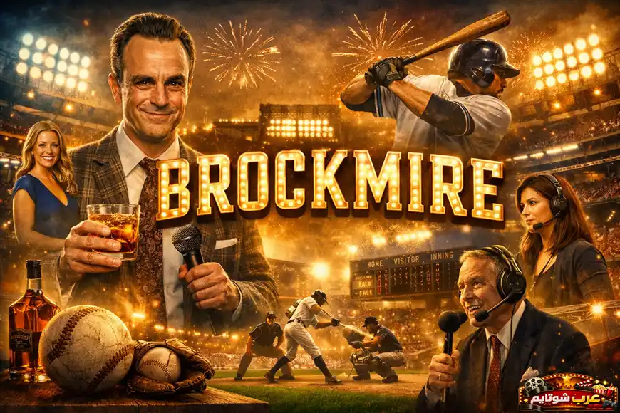 بوستر لمسلسل Brockmire يُظهر المعلّق الرياضي جيم بروكماير في مقدمة الصورة داخل أجواء بيسبول احترافية مع عنوان المسلسل بشكل بارز.