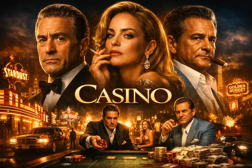 "مشهد من فيلم كازينو يظهر سم روثستين ونيكي سانتورو في أجواء لاس فيغاس المليئة بالأضواء والفساد."