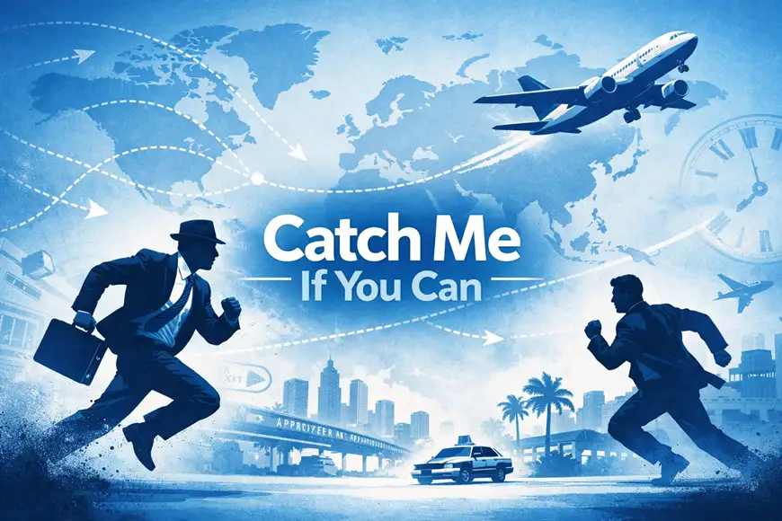 صورة مستوحاة من فيلم Catch Me If You Can تُظهر شخصين يركضان في مشهد أزرق بطابع السفر والمطاردة.