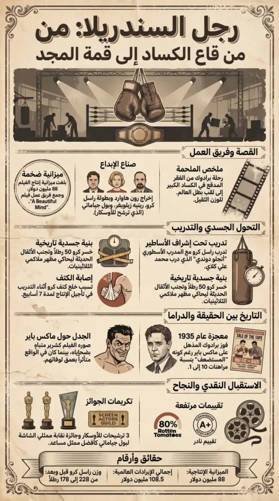 "إنفوغرافيك فيلم رجل السندريلا (Cinderella Man) يوضح رحلة الملاكم جيمس برادوك من الفقر خلال الكساد الكبير إلى المجد كبطل العالم، مع تفاصيل عن التدريب، الجوائز، والإنتاج السينمائي."