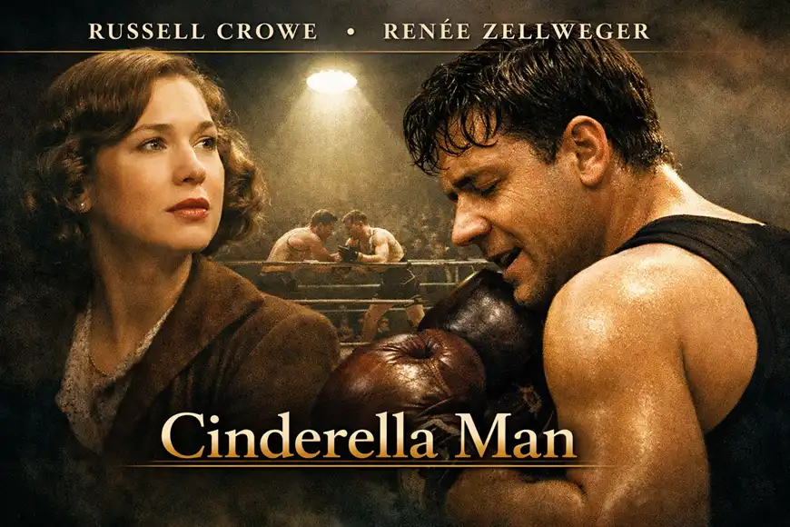 "ملصق فيلم رجل السندريلا (Cinderella Man) يظهر راسل كرو في دور الملاكم جيمس برادوك داخل أجواء قتالية درامية، مع ظهور رينيه زيلويغر في الخلفية."