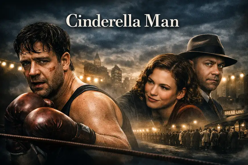 "ملصق فيلم رجل السندريلا (Cinderella Man) يُظهر جيم برادوك داخل الحلبة مع خلفية تعكس أجواء الكساد الكبير وصراعه من أجل البقاء."