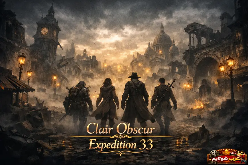 بوستر فني للعبة Clair Obscur: Expedition 33 يُظهر أربعة شخصيات تسير داخل مدينة مدمّرة ذات طابع قوطي، مع أجواء ضبابية وإضاءة درامية.