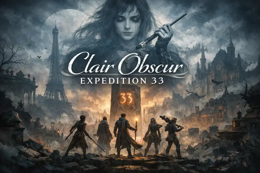 مشهد مظلم من لعبة Clair Obscur: Expedition 33 يظهر فيه فريق من المغامرين أمام مونوليث مضيء يحمل الرقم 33 وتعلوه صورة غامضة لامرأة تحمل فرشاة.