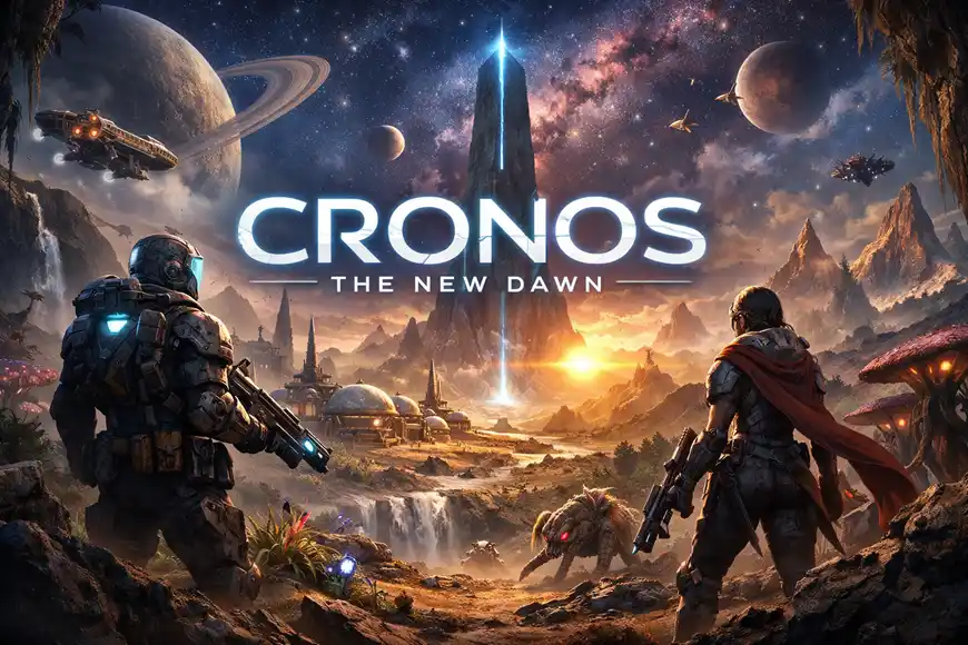"مشهد خيال علمي من لعبة Cronos: The New Dawn يظهر فيه محاربان مدرعان يطلان على عالم فضائي غريب مع مبانٍ مستقبلية وعمود ضوئي أزرق متوهج."