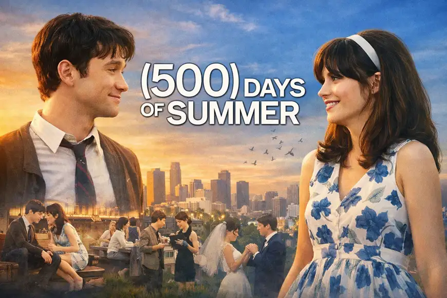 صورة من فيلم (500) Days of Summer تُظهر الشخصيتين الرئيسيتين في مشهد رومانسي مع لقطات صغيرة من لحظاتهما المشتركة.