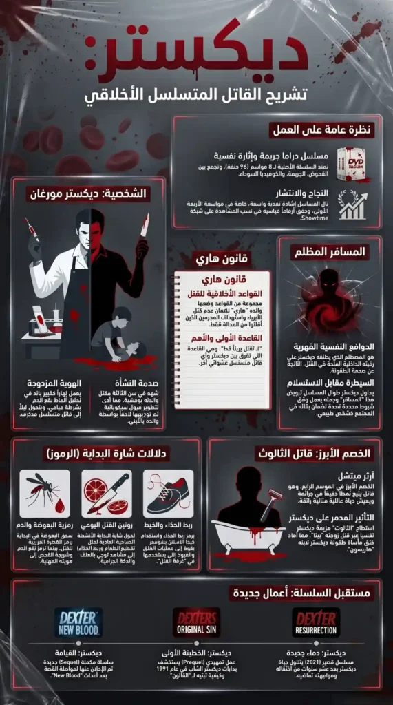 إنفوغرافيك عربي بعنوان «ديكستر: تشريح القاتل المتسلسل الأخلاقي» يشرح الجوانب النفسية والأخلاقية لشخصية ديكستر مورغان، مع عرض قانون هاري، المسافر المظلم، الهوية المزدوجة، صدمة النشأة، رموز شارة البداية، والخصم الأبرز قاتل الثالوث، إضافة إلى معلومات عن الأعمال المكمّلة للسلسلة.
