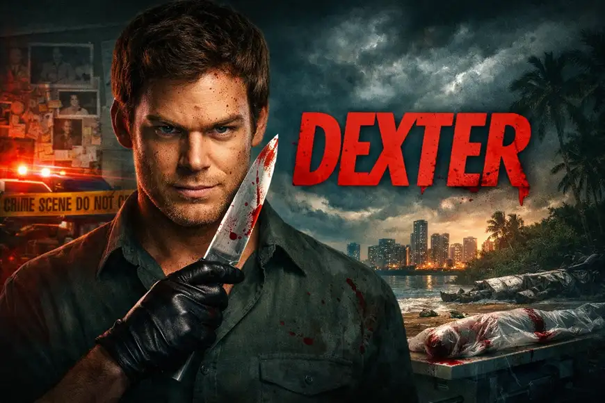 ملصق لمسلسل Dexter يظهر دكستر مورغان ممسكًا بسكين حاد، مع خلفية تضم أضواء المدينة ومشهدًا لمنطقة جريمة، بينما يتصدر اسم DEXTER الصورة باللون الأحمر الدموي.
