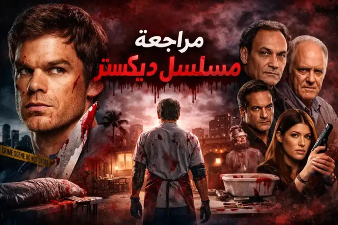 ملصق أفقي لمسلسل ديكستر يظهر ديكستر مورغان بوجهٍ مغطّى ببقع الدم، مع مشهدٍ ليليّ لمدينة ميامي وخلفه شريط الشرطة الأصفر، بينما يظهر في الخلفية خصومه الرئيسيون وشخصية ديبرا مورغان تحمل سلاحًا. في أعلى الصورة عنوان المقال: مراجعة مسلسل ديكستر.