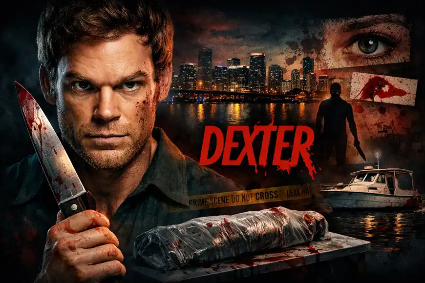 ملصق دعائي لمسلسل Dexter يظهر ديكستر مورغان ممسكًا بسكين مغطاة بالدم، مع جثة ملفوفة بالبلاستيك على طاولة، وخلفية لمدينة ميامي ليلًا مع شريط الشرطة الأصفر وكلمة DEXTER مكتوبة باللون الأحمر الدموي.