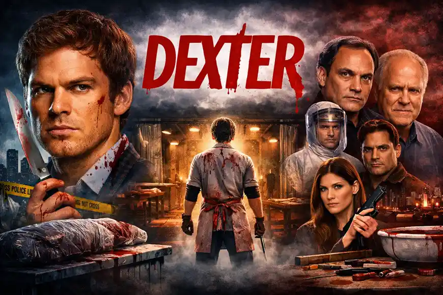 ملصق داخلي لمسلسل Dexter يظهر ديكستر مورغان واقفًا في غرفة قتل مع مريلة ملطخة بالدم، محاطًا بشخصيات رئيسية من العمل، بينما يظهر عنوان DEXTER باللون الأحمر في الأعلى مع خلفية لمدينة ميامي وشريط الشرطة.