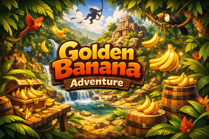 مشهد غابة استوائية مليء بالألوان مع شلال وكنز من الموز الذهبي، يمثل أجواء لعبة Donkey Kong Bananza.