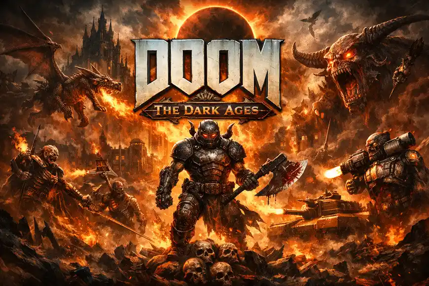 "محارب مدرع يقف وسط معركة جهنمية في لعبة DOOM: The Dark Ages مع مخلوقات شيطانية ونيران مشتعلة حوله."