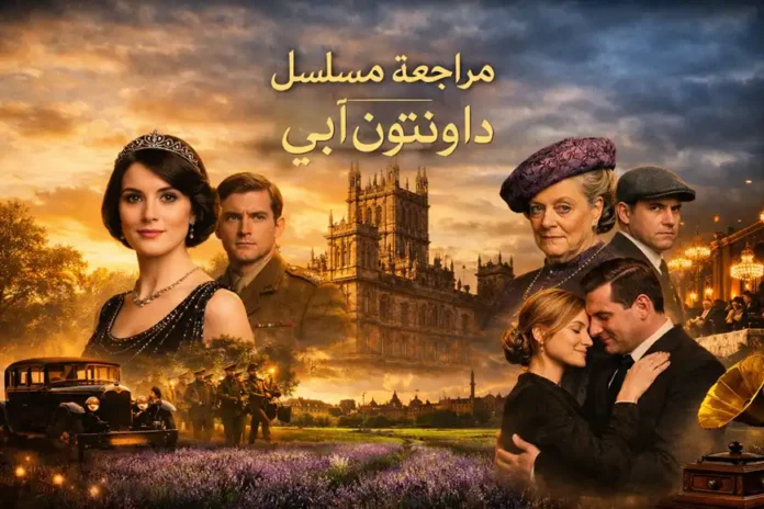 صورة رئيسية لمقال «مراجعة مسلسل داونتون آبي (Downton Abbey): ذروة الدراما التلفزيونية» تُظهر شخصيات المسلسل أمام القصر الأرستقراطي في مشهد غروب ذهبي، مع سيارات قديمة وجنود ومشاهد من الحقبة الإدواردية، تعبّر عن الأناقة التاريخية والدراما البريطانية الكلاسيكية.