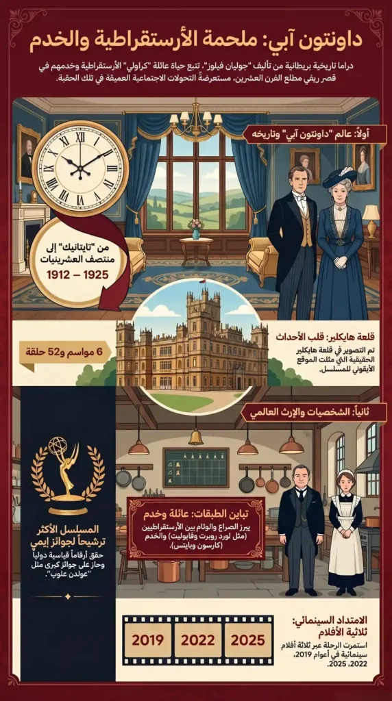 إنفوغرافيك عربي يشرح مسلسل داونتون آبي، يتضمن معلومات عن العائلة الأرستقراطية والخدم، الحقبة الزمنية 1912–1925، موقع التصوير في قلعة هايكبر، عدد المواسم، الجوائز العالمية، والفوارق الطبقية داخل القصر.