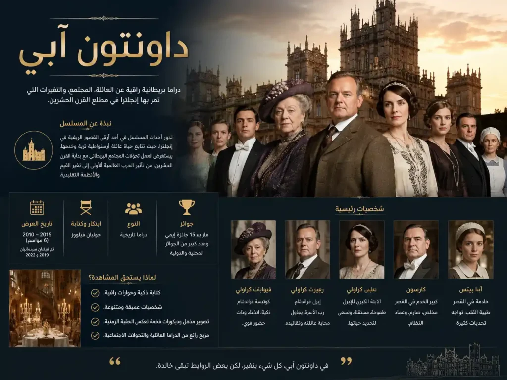 إنفوغرافيك عربي عن مسلسل Downton Abbey يضم معلومات حول القصة، الشخصيات الرئيسة، عدد المواسم، الجوائز، والحقبة التاريخية، مع صور للشخصيات أمام القصر البريطاني الشهير.