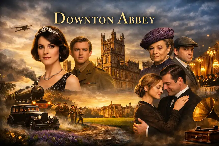 ملصق ترويجي لمسلسل Downton Abbey يضم الشخصيات الرئيسة أمام القصر، مع قطار بخاري وسيارة قديمة وجنود، في مشهد يجسّد الدراما التاريخية البريطانية.