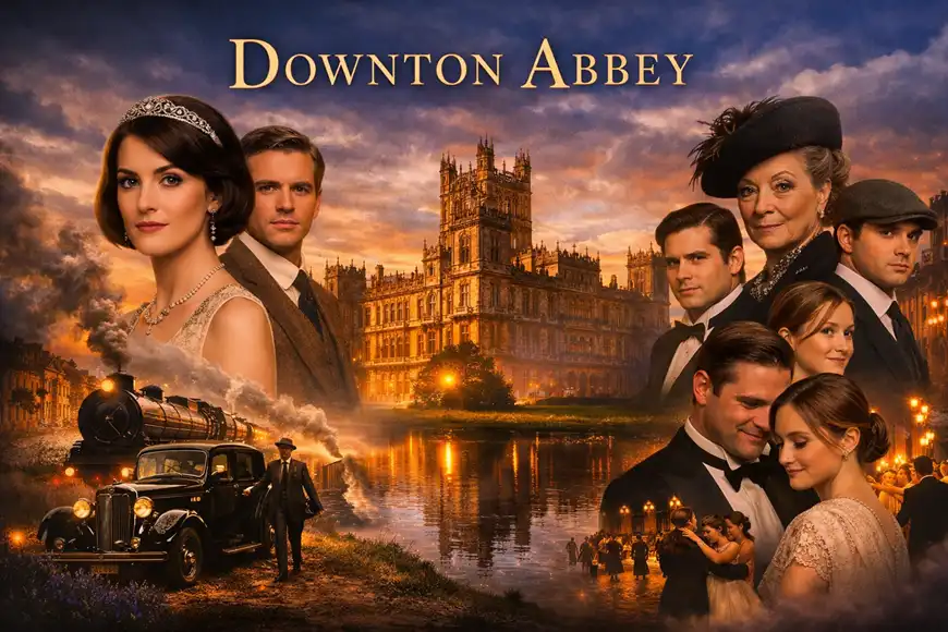 ملصق ترويجي لمسلسل Downton Abbey يظهر فيه أبطال العمل أمام القصر مع غروب خلفي، وقطار بخاري وسيارة قديمة تجسّد أجواء الدراما التاريخية البريطانية.