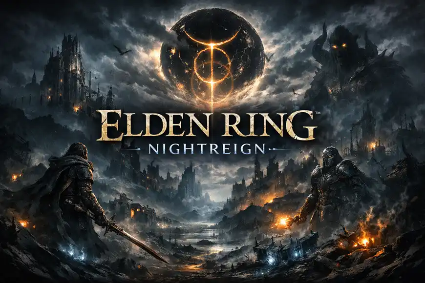 "مشهد مظلم من لعبة Elden Ring: Nightreign يظهر فيه محاربان مدرعان يتواجهان وسط أطلال محترقة تحت قمر مظلم متوهج."