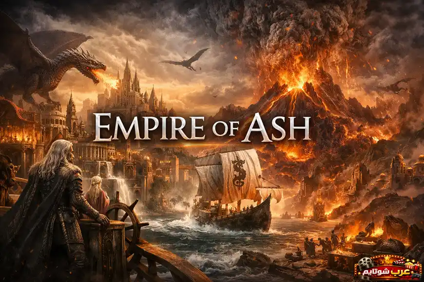 بوستر ملحمي لمسلسل إمبراطورية الرماد — Empire of Ash يُظهر مدينة فاليريا في لحظات الدمار مع تنانين تحلّق فوق البراكين المشتعلة.