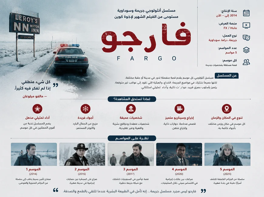 إنفوغرافيك عربي عن مسلسل فارغو يعرض معلومات أساسية حول المواسم الخمسة، نوع العمل، الشخصيات، وأجواء الجريمة والثلج، مع خلفية لسيارة شرطة وطريق مغطى بالثلج.