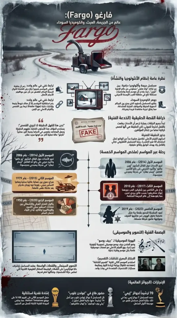 إنفوغرافيك باللغة العربية يقدّم نظرة شاملة على مسلسل فارغو، يوضّح تطوّر المواسم الخمسة، البصمة الفنية، والجوائز العالمية، مع تصميم شتوي يغلب عليه اللونان الأبيض والرمادي.