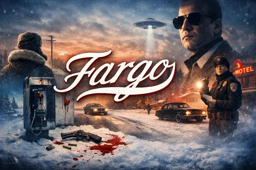 صورة أفقية لمسلسل Fargo تُظهر عناصر من عالم الجريمة والثلج مع كتابة اسم المسلسل بالإنجليزية في وسط الصورة.